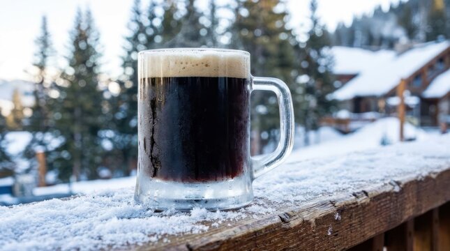 Dark beer mug on snowy wooden railing in winter