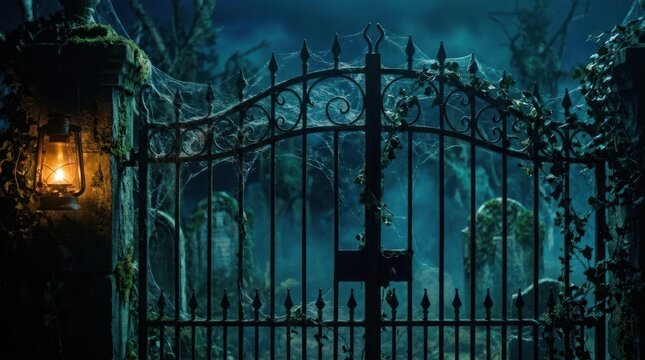 Dark cemetery gate at night with misty lanterns.