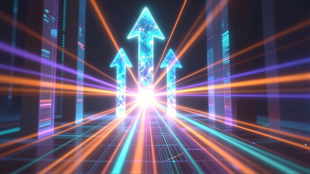 Vibrant neon arrows pulse through futuristic cityscape with radiant light beams and digital skyscrapers.