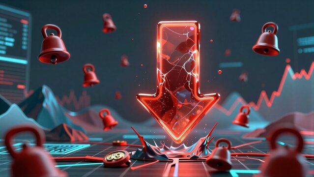Red glowing arrow crashes down, surrounded by warning bells and stock charts.