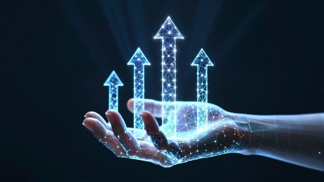 Hand holds glowing digital arrows, symbolizing progress and forward momentum in tech.
