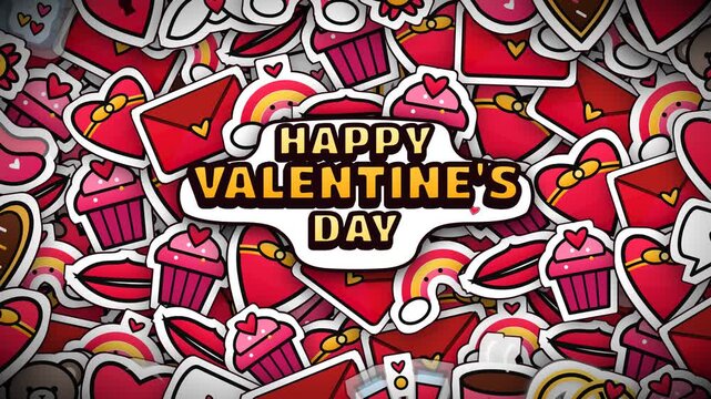 Colorful Happy Valentine's Day text over romantic sticker background