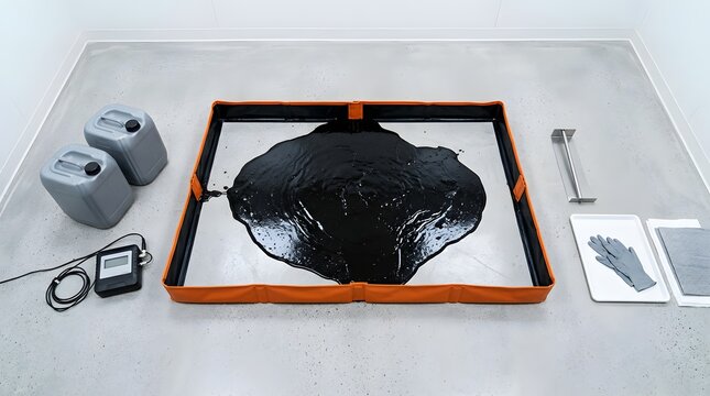 Industrial containment berm with dark liquid spill and safety equipment
