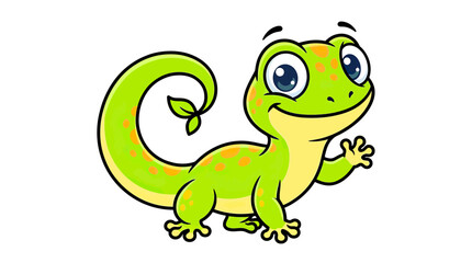 Obraz premium Cute cartoon green gecko waving with a smile