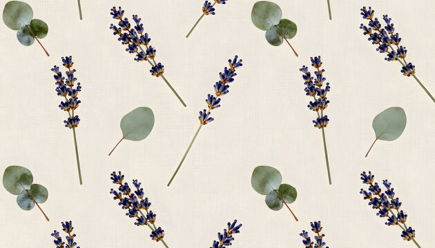 Seamless pattern featuring dried lavender sprigs and eucalyptus leaves on a soft beige background.