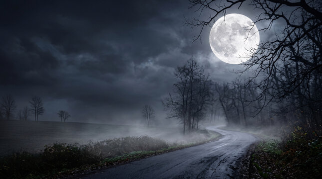 Dark spooky forest road under bright full moon night sky with thick fog and bare trees