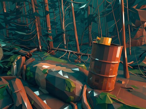 Low poly illustration of a rusty barrel dumped in a dense forest near fallen logs