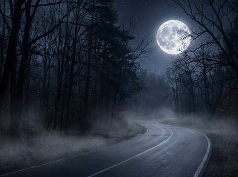 Dark spooky asphalt road winding through misty forest under bright glowing full moon night