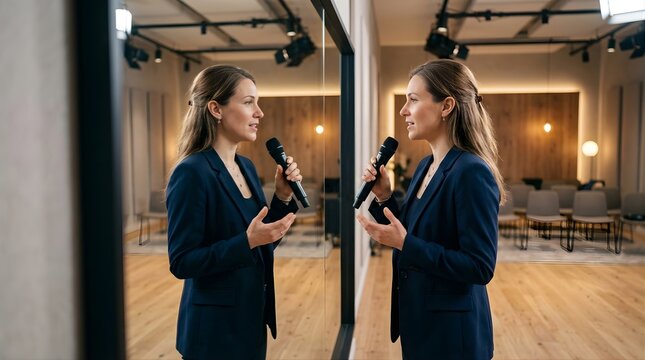 Professional woman speaking into microphone while looking at mirror reflection