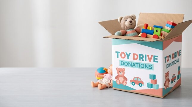 Toy drive donations box with stuffed bear and toys on table  
