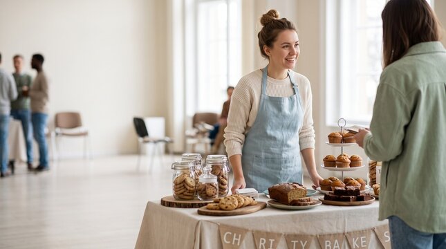 Woman serving pastries at a fundraising event in a bright hall  
