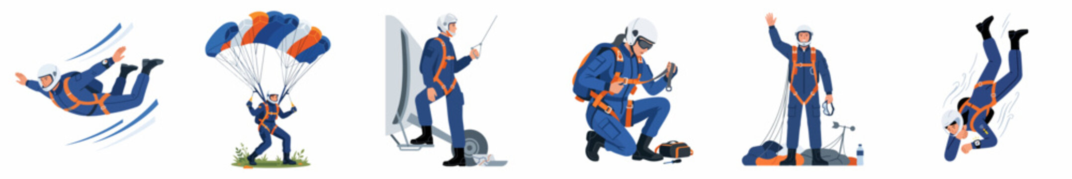 Professional skydiver characters collection showing skydiving phases like freefall, parachute landing, and gear check in flat design style.