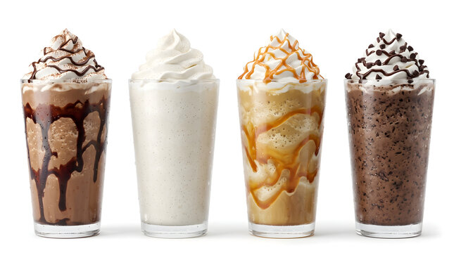 Four colorful iced coffee frappes and milkshakes with whipped cream and toppings in tall glasses, ideal for summer cafe menus and advertisements