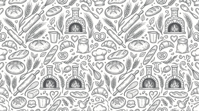 Hand-Drawn Bakery Pattern with Baked Goods and Ovens