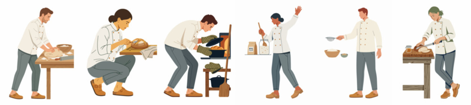 Flat vector illustrations of professional chefs and bakers engaged in various culinary activities like kneading dough, baking, and preparing food on a white background.