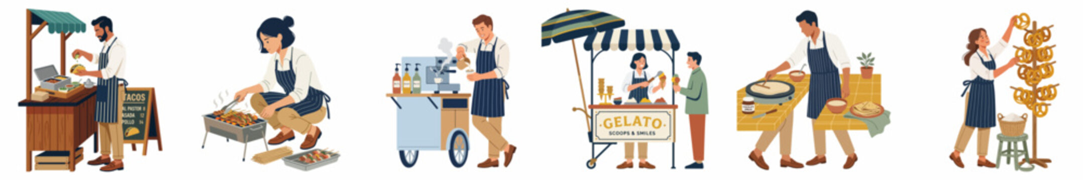 Collection of street food vendors and small business owners operating various stalls and carts, isolated on a white background.