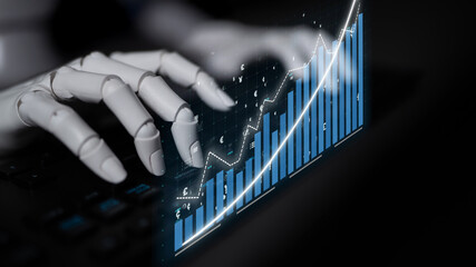 A robotic hand interacts with a keyboard while digital graphs project growth and data analytics....