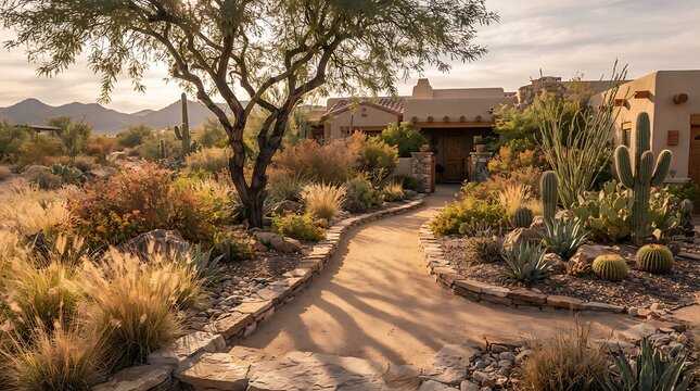Stone path in a beautiful desert garden with cacti. arizona front yard