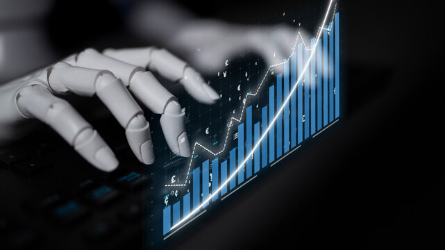 A robotic hand interacts with a keyboard while digital graphs project growth and data analytics. This image symbolizes the convergence of technology and business innovation. Impute