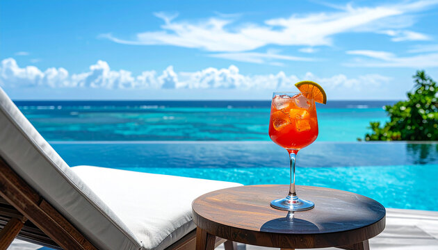 Refreshing tropical cocktail with orange slice on wooden table by poolside overlooking ocean