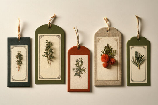 Rustic botanical plant tags with pressed herbs, foliage and orange flowers on textured paper, featuring vintage borders, natural colors and hanging twine.
