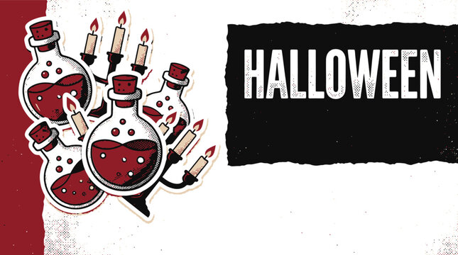 Halloween banner with magic potion bottles and candles, spooky alchemy laboratory vector illustration, gothic occult background for party invitation