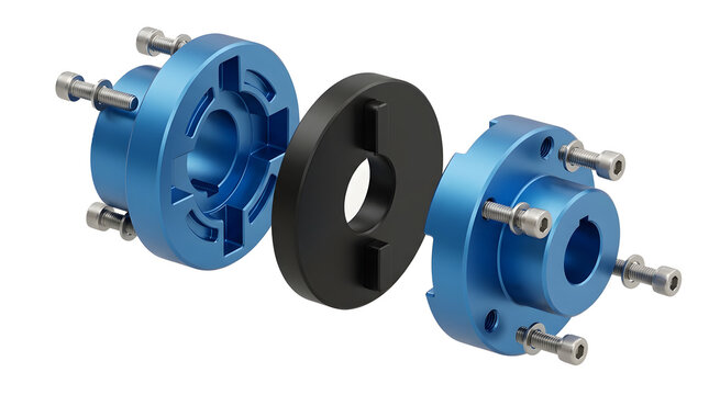 Exploded view of flexible Oldham shaft coupling mechanical components with blue aluminum hubs and center disc