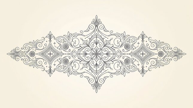 Intricate symmetrical vintage ornamental design element with decorative filigree patterns isolated on a light beige background