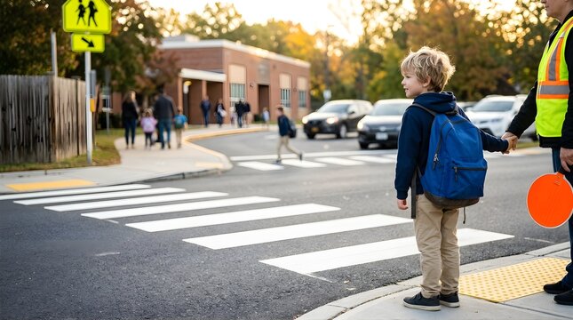 Child holding adult hand waiting at pedestrian crossing near school