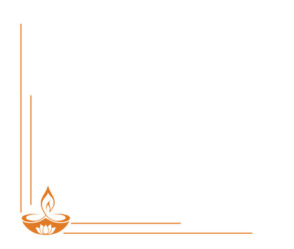 The image shows a decorative corner frame featuring a single lit diya lamp in the bottom-left corner with framing orange lines. Happy Diwali
