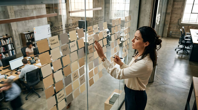 Businesswoman plans product roadmap with sticky notes on glass wall in modern office during Q1 planning session Corporate planning