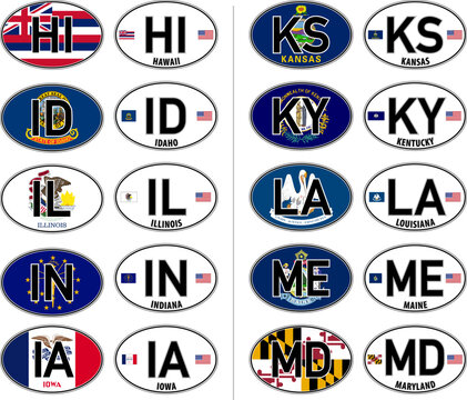 USA, oval international vehicle registration code license plate car sticker, Hawaii to Maryland, vector illustration
