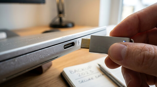 Hand inserting USB drive into laptop for data backup and secure storage planning for 2023 Corporate planning