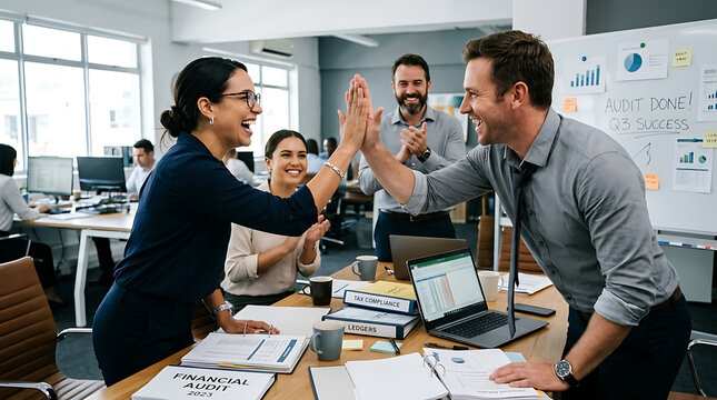 Diverse business team celebrates Q3 audit success with high fives and smiles in modern office setting Corporate planning