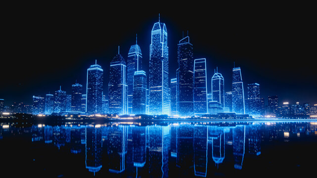 Holographic Glowing Modern Urban Skyline at Night with Water Reflection