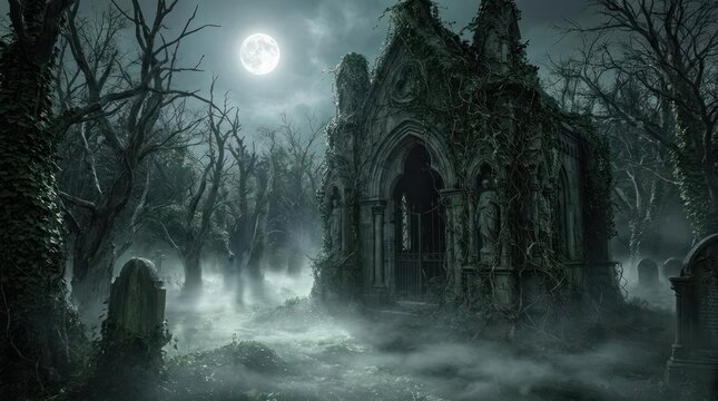 Eerie gothic ruin in a foggy graveyard under moonlight.