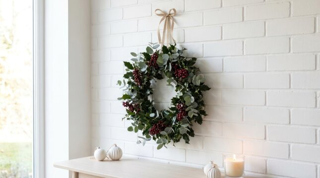 Evergreen Christmas wreath on minimalist white brick wall.