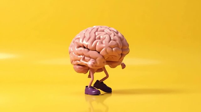 Human brain character with legs walking on yellow background