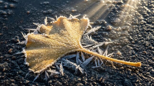 Frosted ginkgo leaf on ground in winter sunlight.