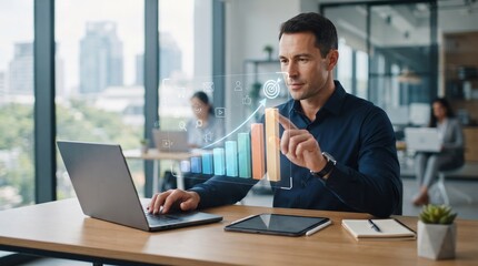 Obraz premium Business Growth Analytics with Digital Marketing Chart and Professional Using Laptop