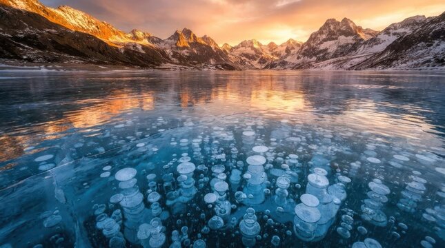 Frozen lake methane bubbles with mountains at sunset.