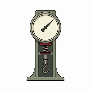 Vintage mechanical spring scale icon with gauge and hook isolated on white background for industrial or laboratory measurement concepts
