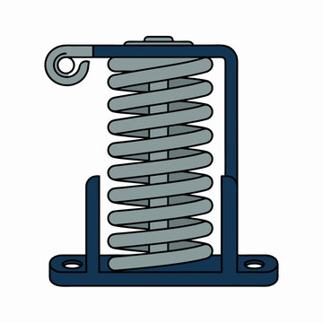 Industrial metal spring mechanism with heavy duty compression coil in blue steel frame support bracket vector illustration