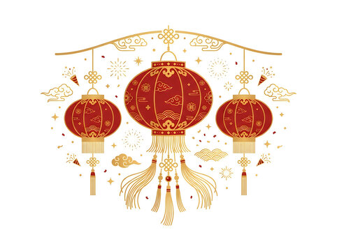 Traditional chinese lanterns hanging in a row with ornate detailing and gold accents
