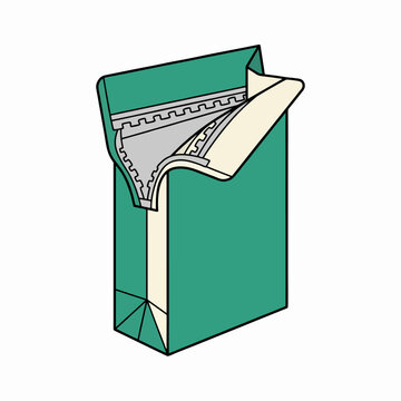 Detailed vector illustration of a green cardboard box with a tear-away strip opening mechanism showing inner layers