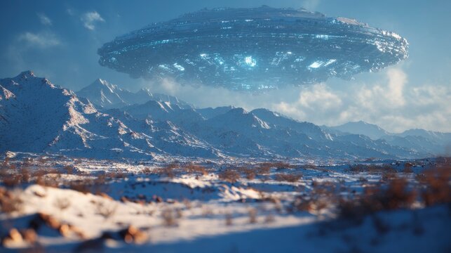 Futuristic spaceship hovers over snowy desert mountains landscape