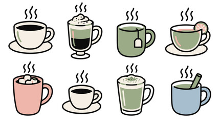Obraz premium Set of Eight Hand Drawn Style Steaming Hot Beverage Cups and Mugs Vector Illustrations