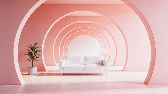 Minimalist Pink Tunnel Interior With White Sofa and Potted Plant