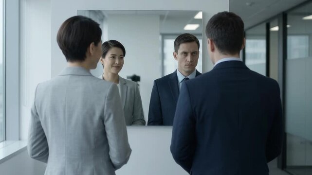 Businesspeople looking in office mirror, workplace imposter syndrome