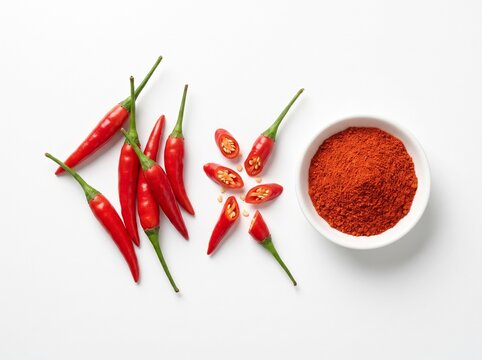 Red spicy hot chili peppers with sliced pieces and a small bowl of ground red pepper powder isolated on a white background for culinary food ingredients